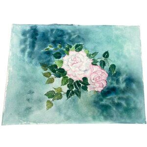 Hand-Painted Watercolor Floral Art On Paper green pink 15x11" READ